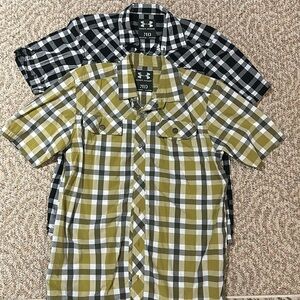 Lot of 2 Mens Medium Under Armour buttondown Plaid Checked Shirts front pockets